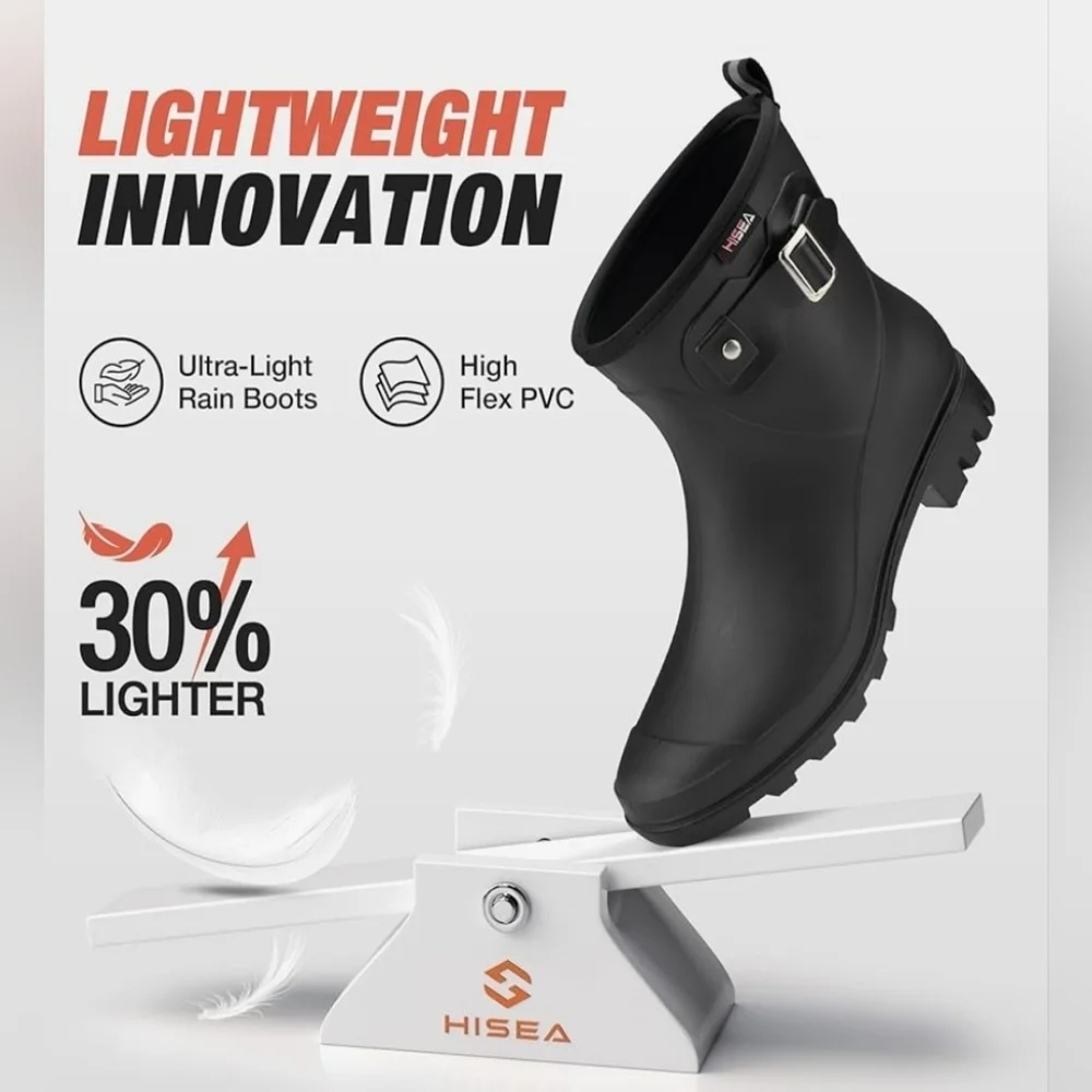 HISEA Women's Short Black Rain Boots with Side Buckle